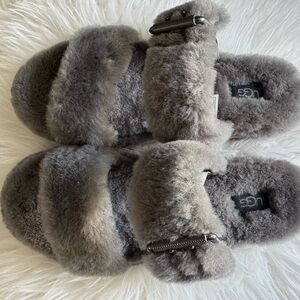 UGG gray two strap buckle furry slippers